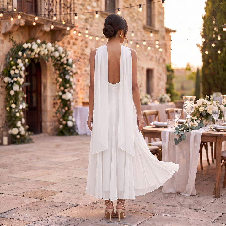 Vestido de boda largo para mujer, elegante y festivo, ideal para invitada de celebración o fiesta.