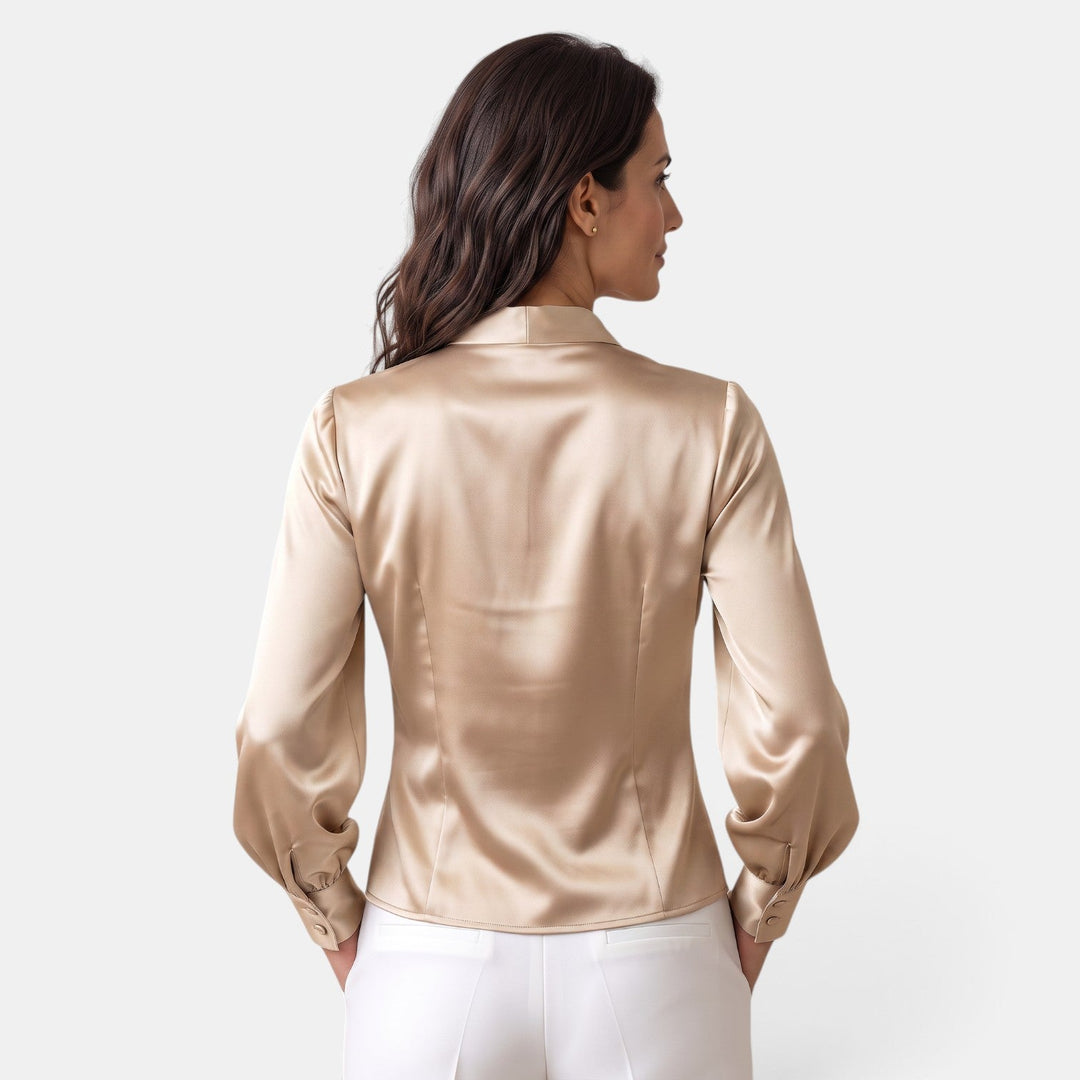 Blusa satinada elegante para mujer, con lazo y escote V. Versátil para oficina y eventos de fiesta.