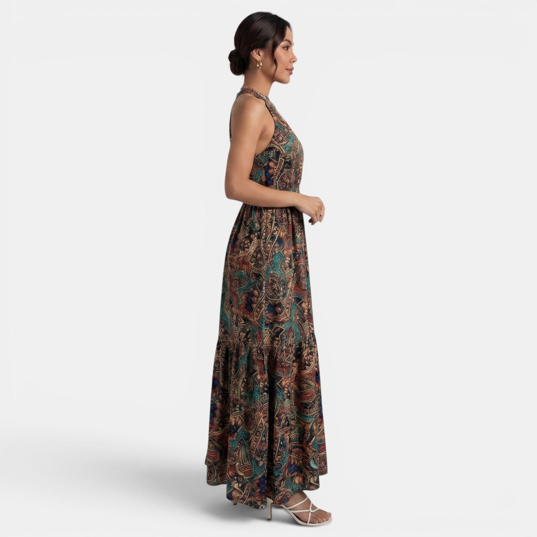 Elegante vestido largo boho para mujer, cintura alta, versátil para eventos casuales de verano.