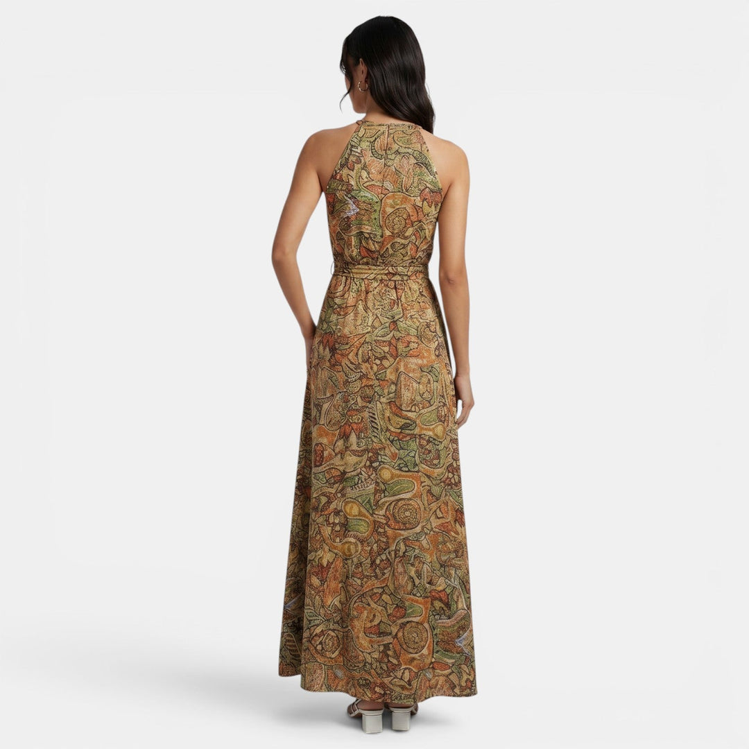 Vestido largo boho con escote en V, cintura alta, estilo fluido y elegante para mujeres en verano.