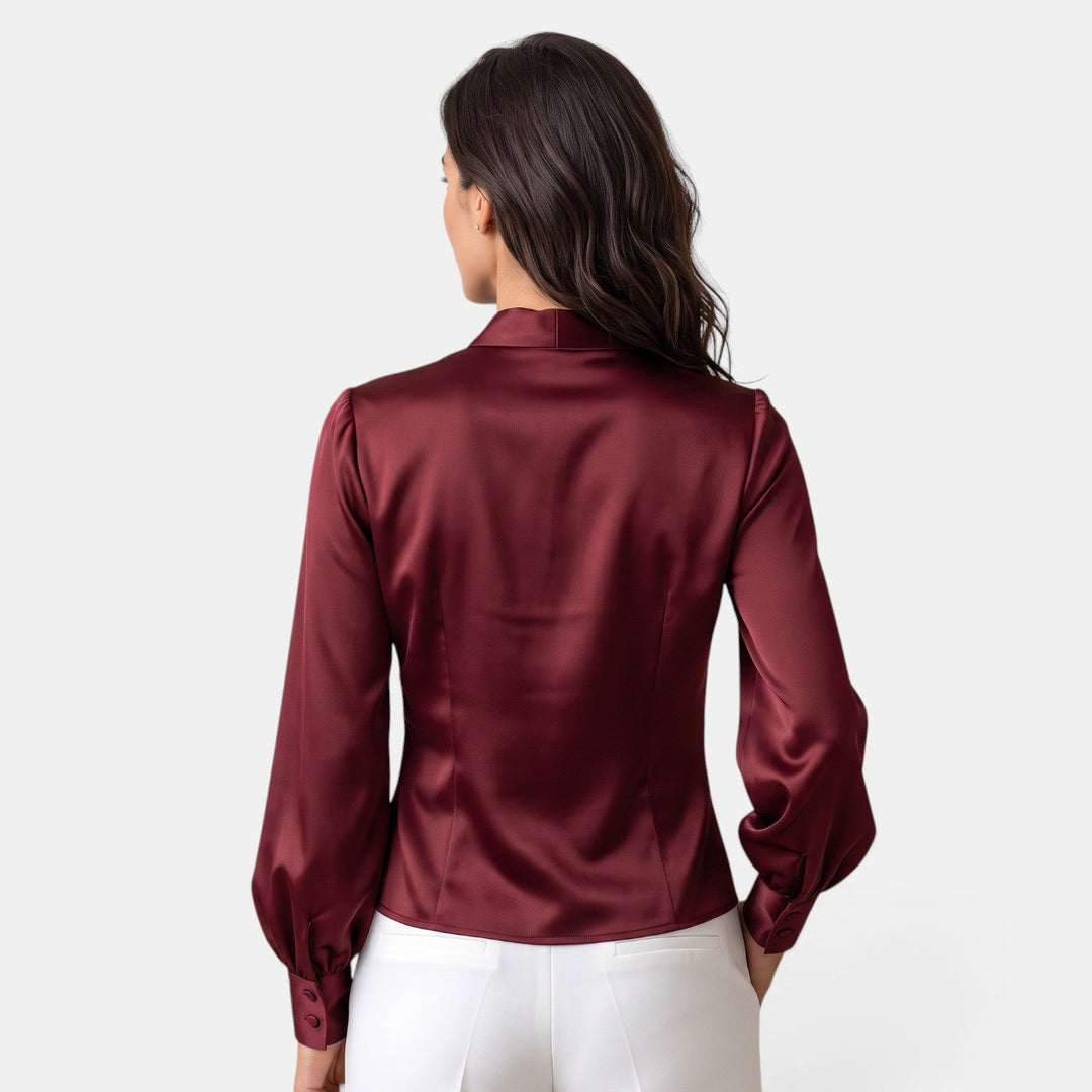 Blusa de mujer satinada con lazo, manga larga y escote V. Ideal para vestimenta de oficina o fiesta.