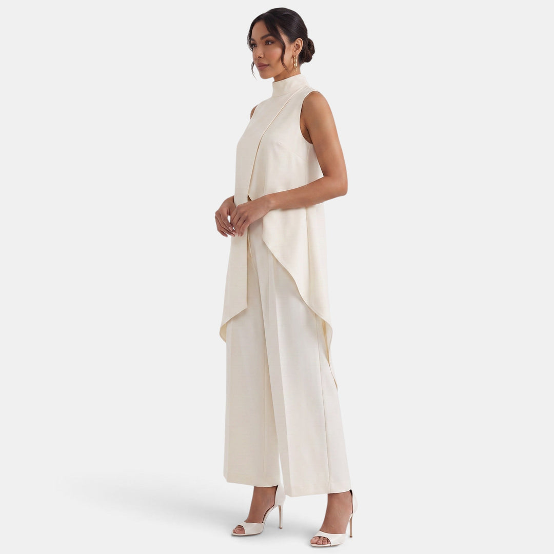 Conjunto elegante mujer cuello alto y pantalón palazzo. Ropa formal para oficina, eventos y ocasiones especiales.