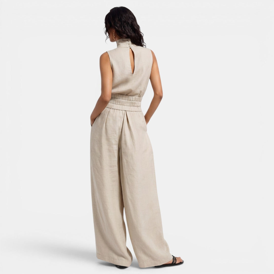 Elegante conjunto de lino y algodón para mujer, sin mangas. Versátil para looks casuales o formales de verano.