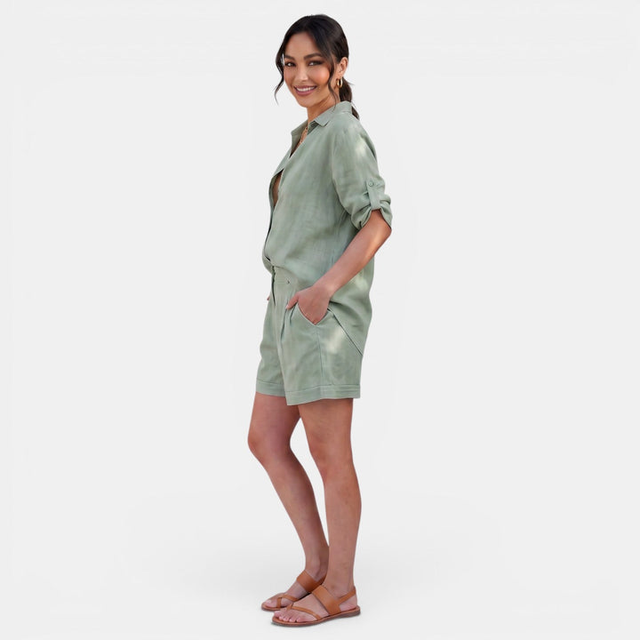 Camisa de manga media de lino y algodón para mujer, conjunto casual y transpirable.