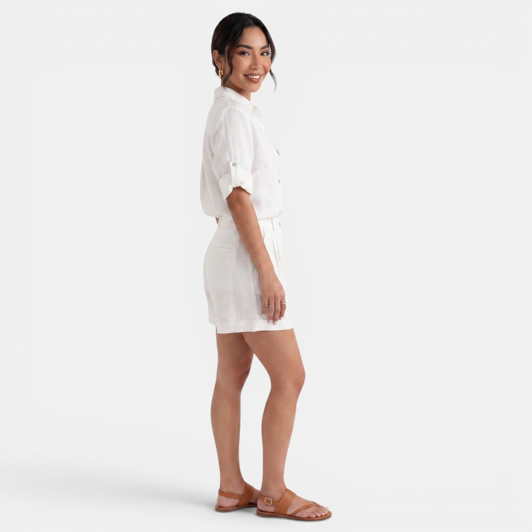 Elegante conjunto de moda femenina: camisa transpirable de lino/algodón, manga media.