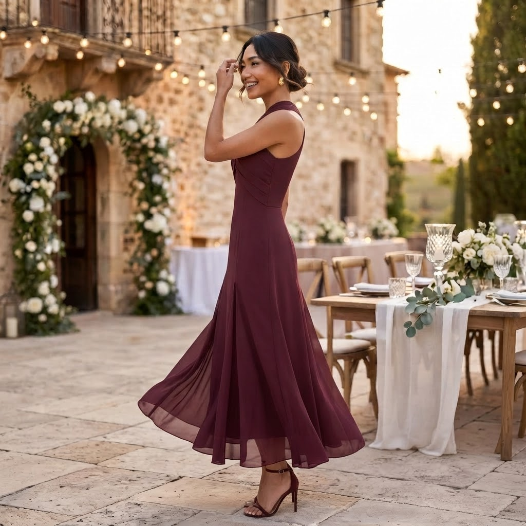 Vestido de fiesta largo de gasa, corte elegante para invitada de boda, cena o celebración.