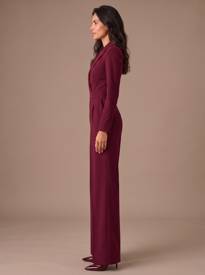 Mono sastre femenino con escote V y pernera ancha. Perfecto para eventos formales, fiesta o look de oficina.