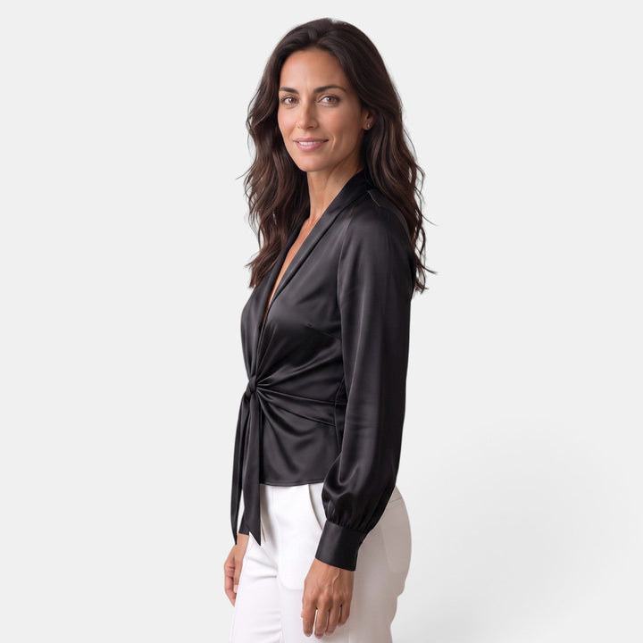Blusa satinada de mujer con lazo decorativo y escote V. Manga larga, ideal para eventos de fiesta.