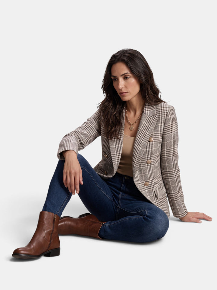 Blazer de mujer con diseño de cuadros, detalles de botones dorados. Chaqueta elegante para un estilo versátil.