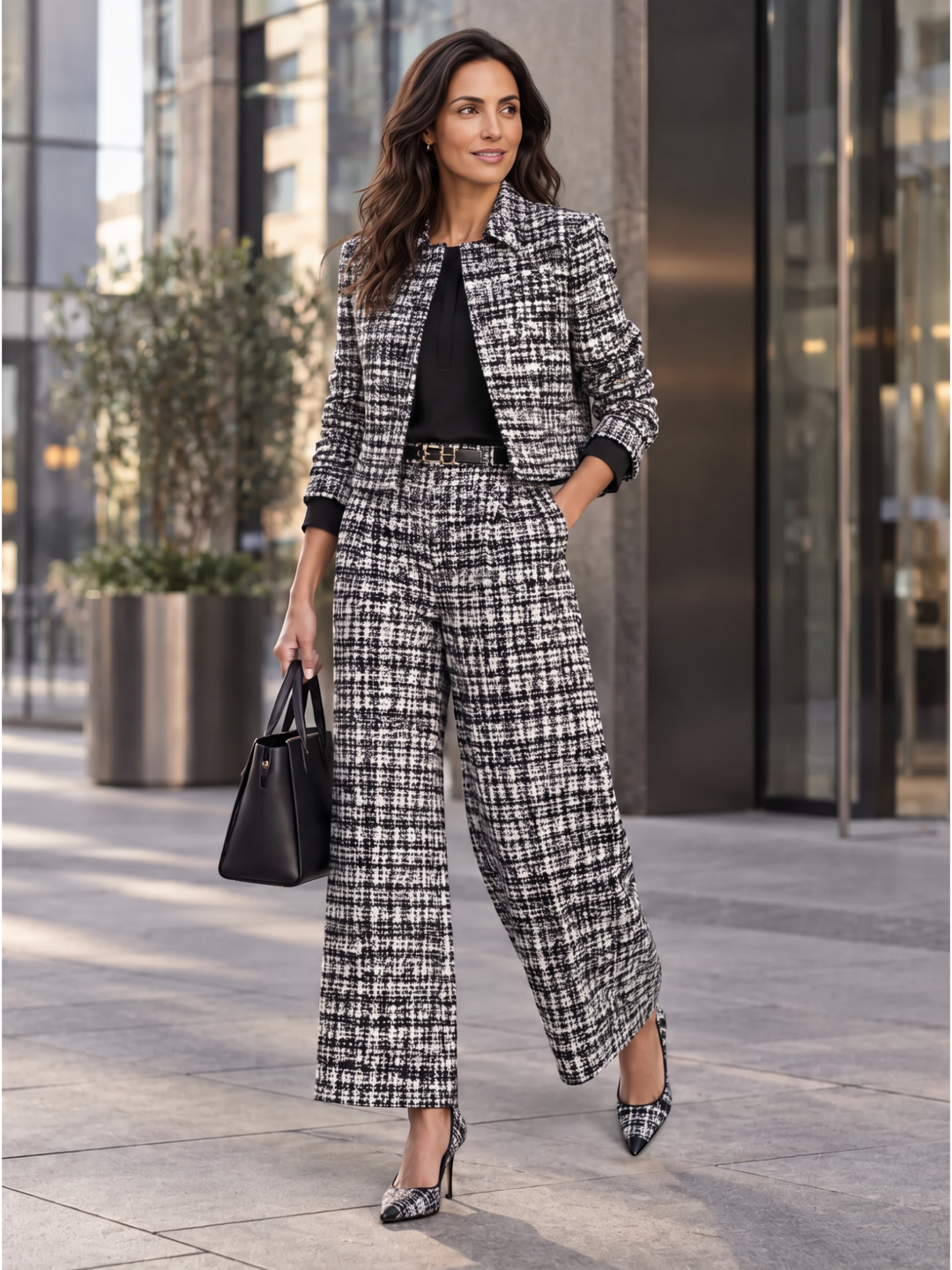 Modelo vistiendo un conjunto de mujer a cuadros de dos piezas con pantalón ancho. Estilo chic y cómodo.