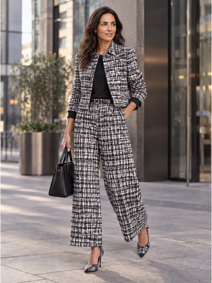 Modelo vistiendo un conjunto de mujer a cuadros de dos piezas con pantalón ancho. Estilo chic y cómodo.