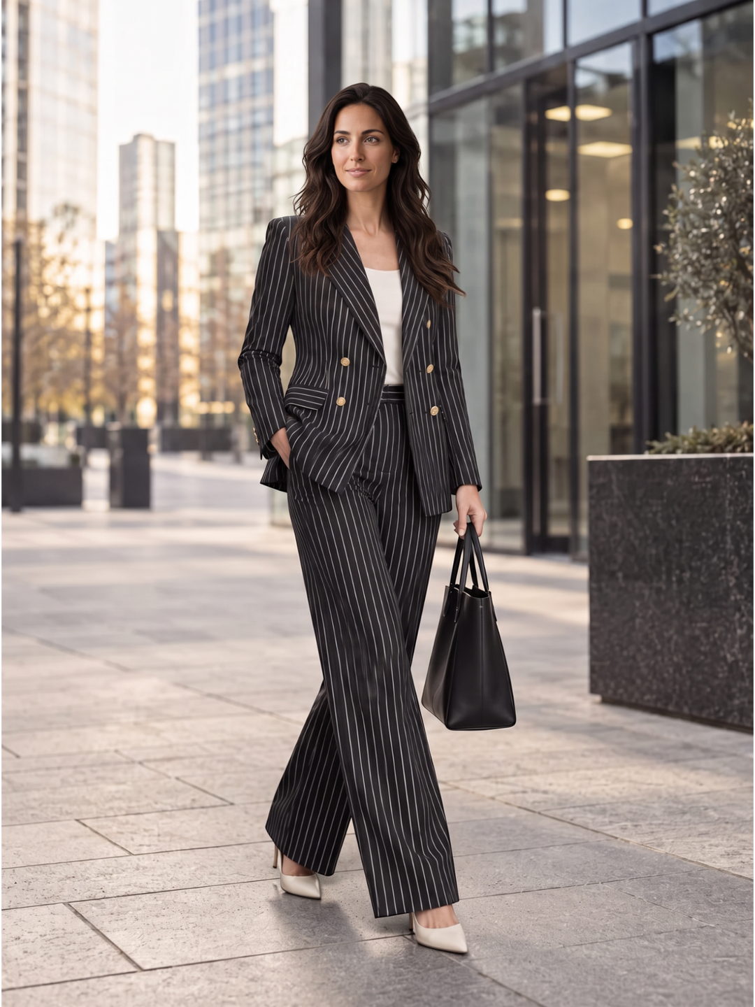 Conjunto formal de mujer con blazer de raya diplomática. Estilo profesional para negocios.