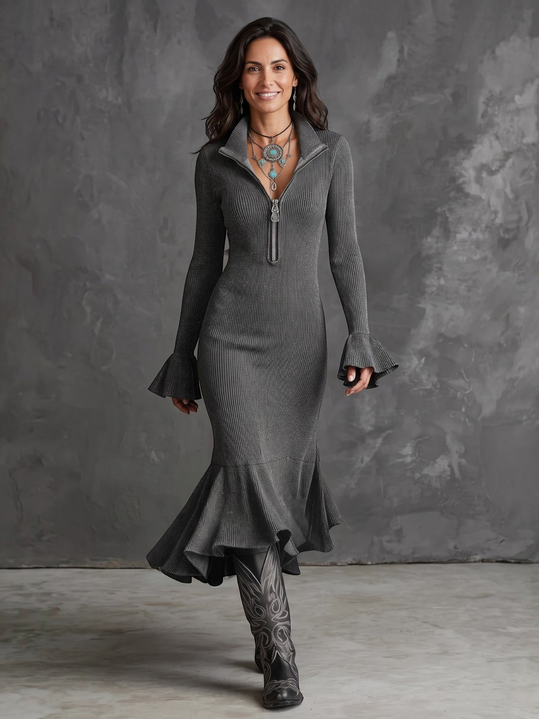 Vestido midi elegante para mujer con cremallera, ideal para ocasiones especiales o ropa de oficina moderna.