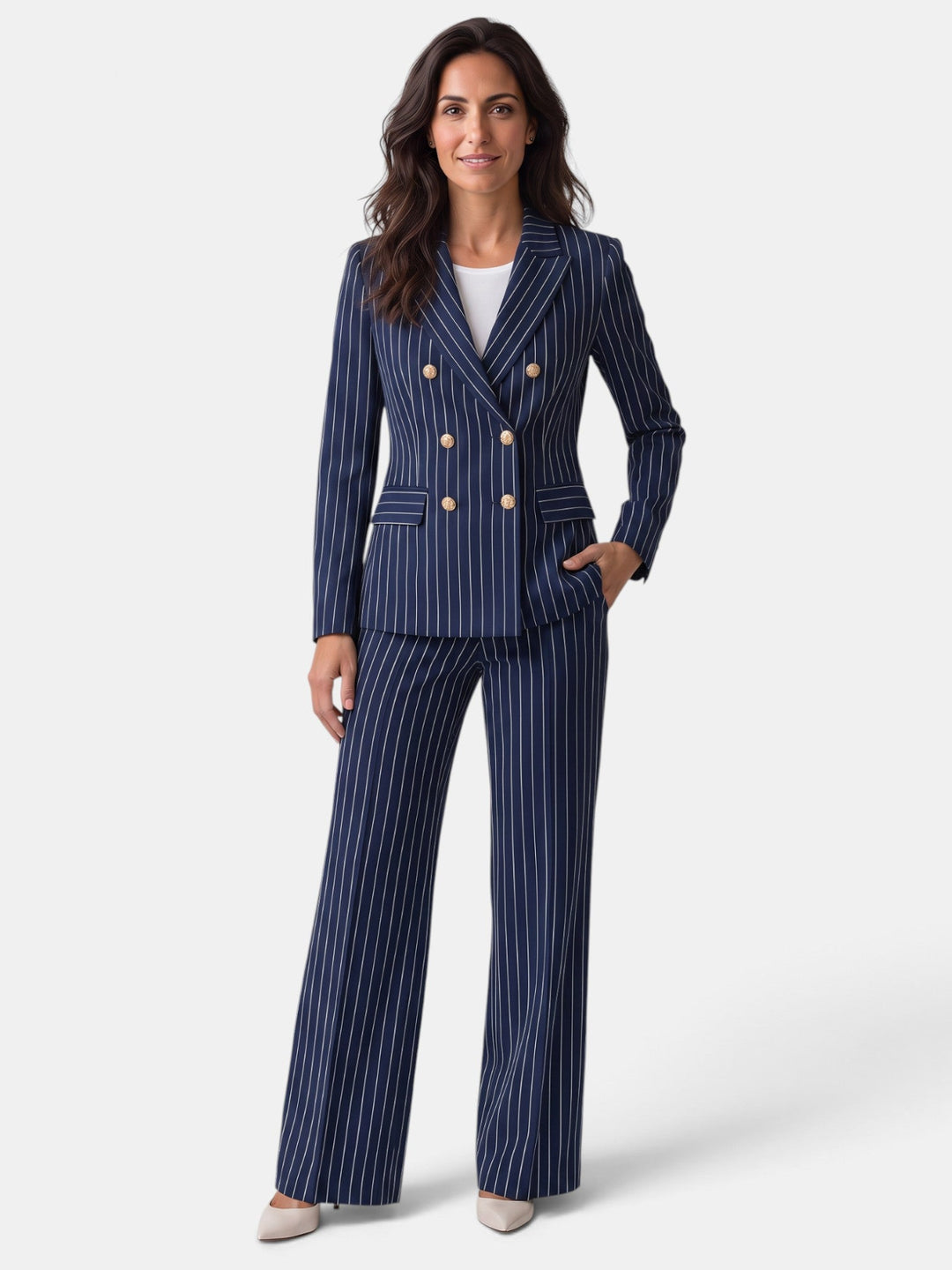 Moda femenina: Traje de mujer con blazer de raya diplomática. Chaqueta y pantalón elegante.