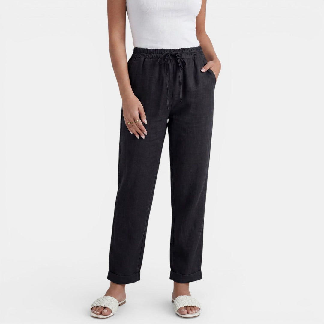 Pantalón de lino mujer, cintura alta, diseño moderno y transpirable, perfecto para el verano.