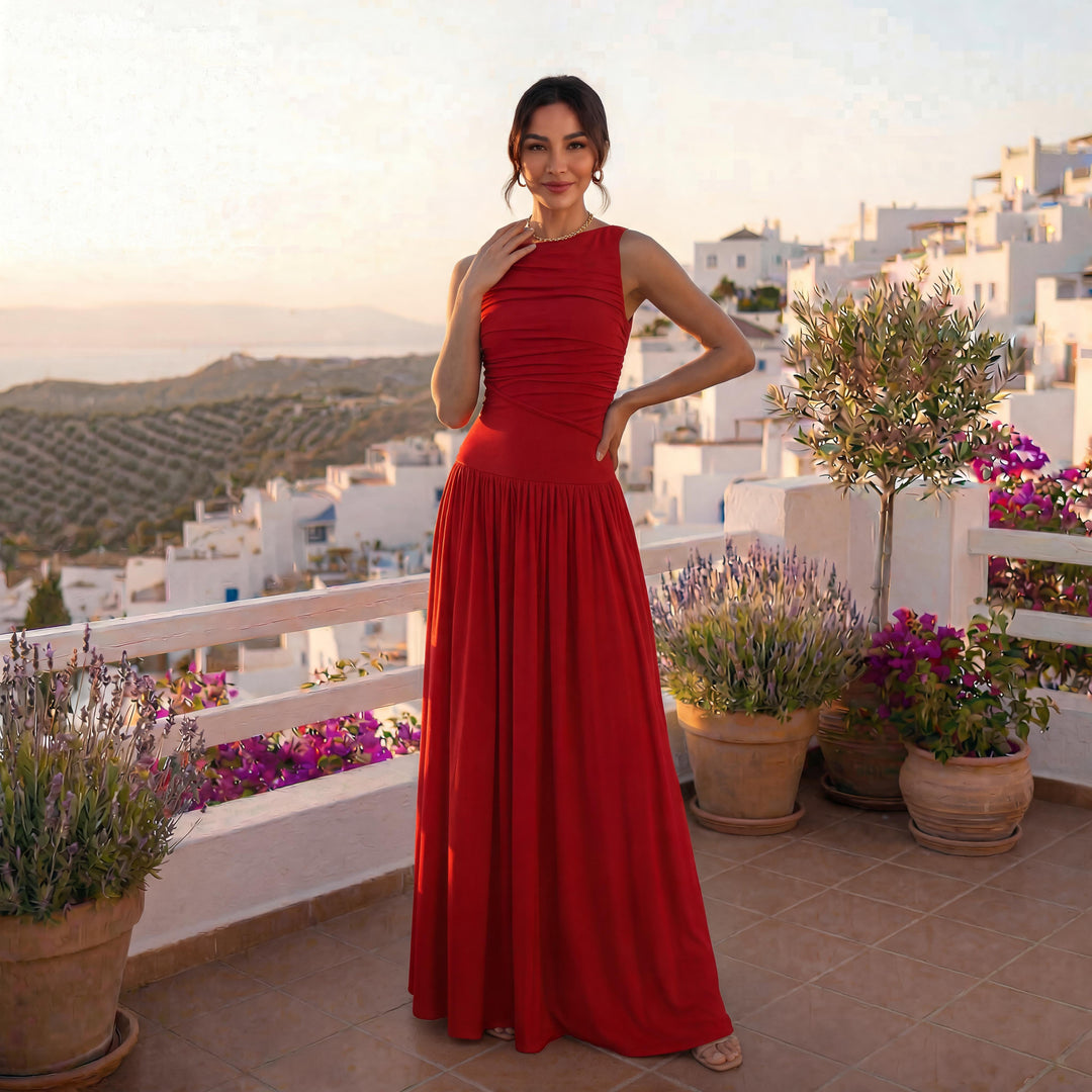 Vestido de fiesta ajustado plisado sin mangas para mujer. Atuendo elegante y sofisticado para ocasiones especiales.