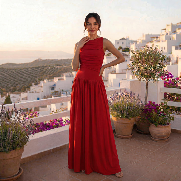 Vestido de fiesta ajustado plisado sin mangas para mujer. Atuendo elegante y sofisticado para ocasiones especiales.