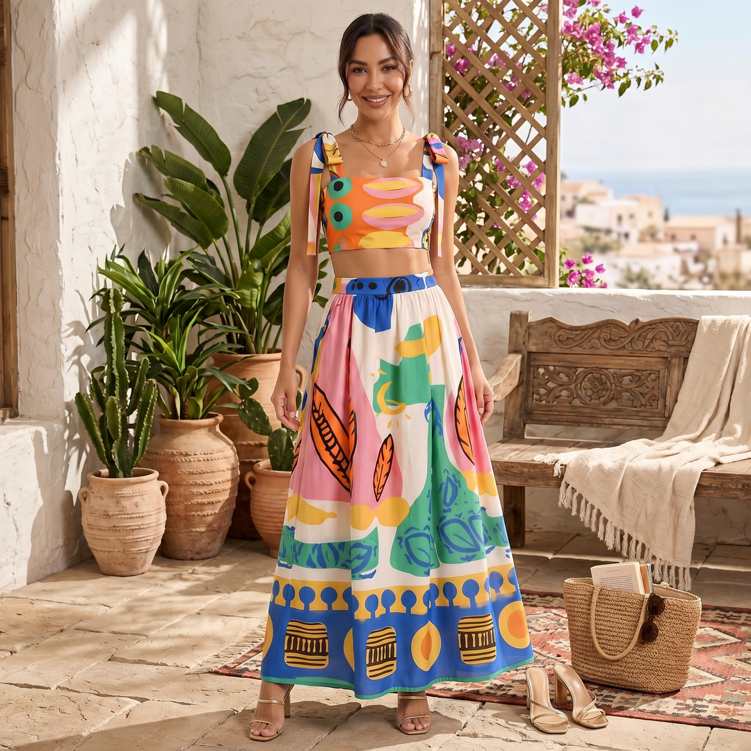 Conjunto de verano elegante para mujer: top estampado de moda y falda larga fluida. Ideal para comodidad y estilo.