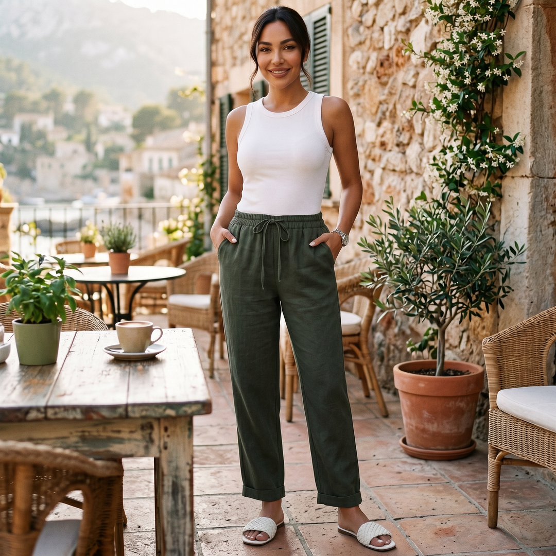 Pantalón de lino fluido mujer, cintura alta, elegante y transpirable, ideal para outfits de verano.
