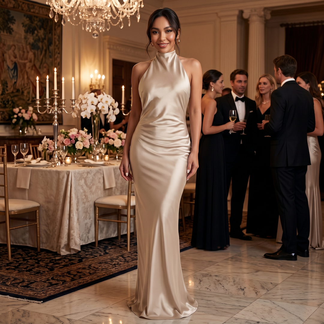 Vestido halter satinado para mujer, corte largo, ideal para fiestas, cenas y eventos de noche.