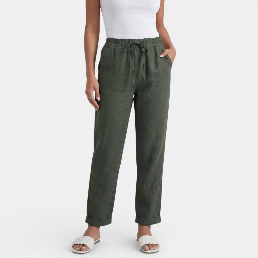 Pantalón de lino blanco mujer, cintura alta, cómodo y transpirable, ideal para el verano.