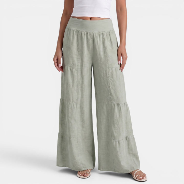 Pantalón ancho de lino para mujer, estilo casual y cómodo, ideal para el verano.