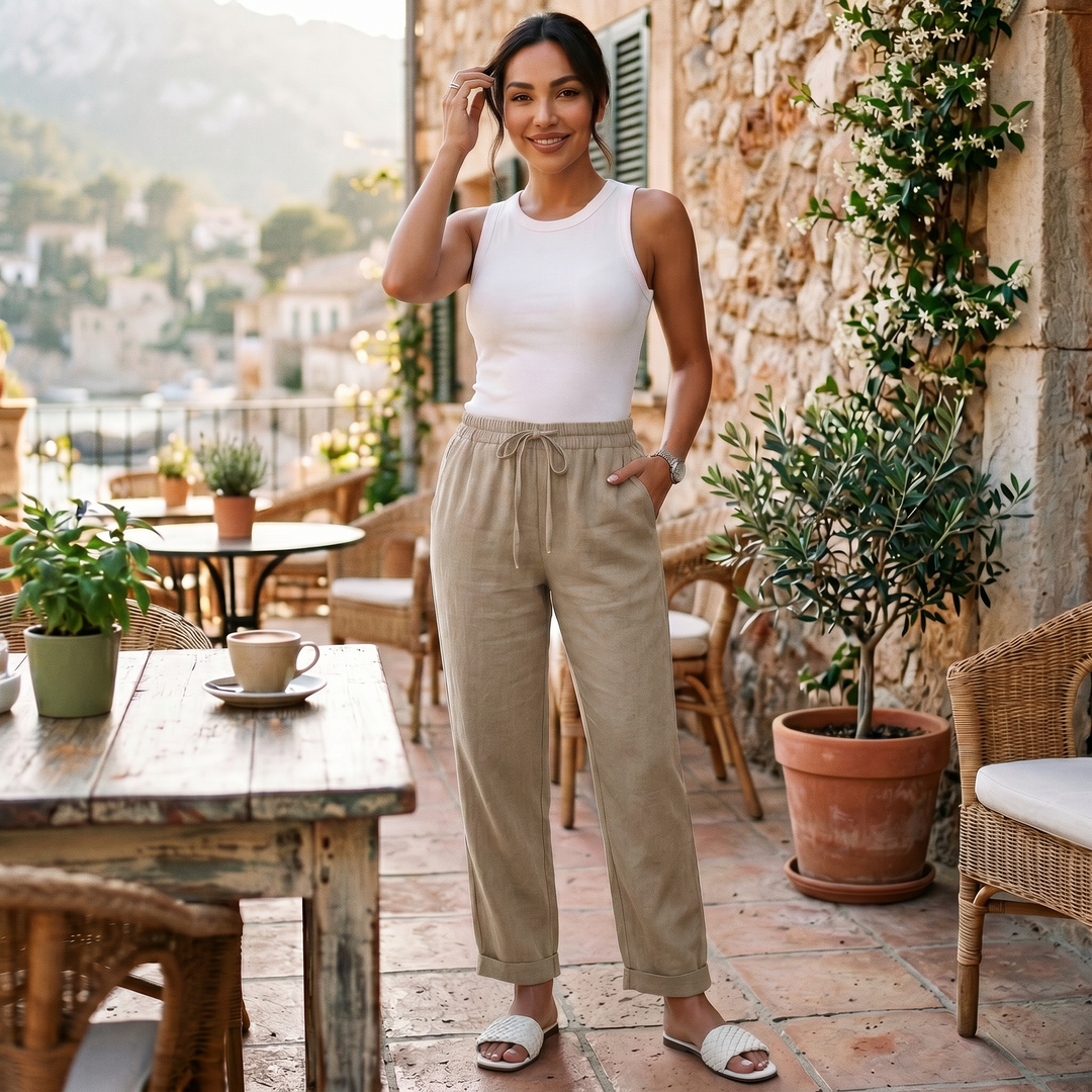 Pantalón de lino suave mujer, cintura alta, estilo casual chic para tus días de verano.