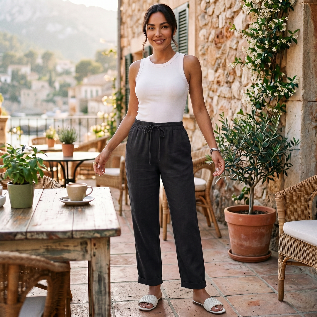 Pantalón lino mujer, cintura alta, realza tu silueta, perfecto para un look elegante de verano.