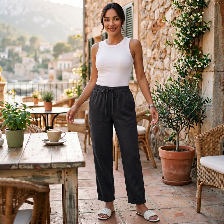 Pantalón lino mujer, cintura alta, realza tu silueta, perfecto para un look elegante de verano.
