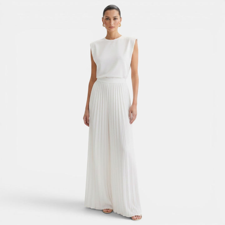 Conjunto de dos piezas sin mangas y pantalón wide leg, diseño plisado, cómodo para mujer.