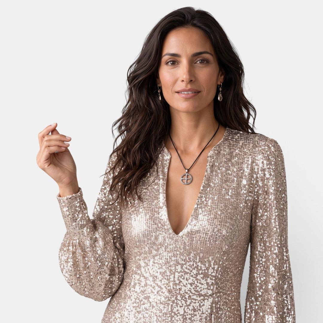 Vestido de noche brillante con lentejuelas, diseñado para bodas, galas y celebraciones.