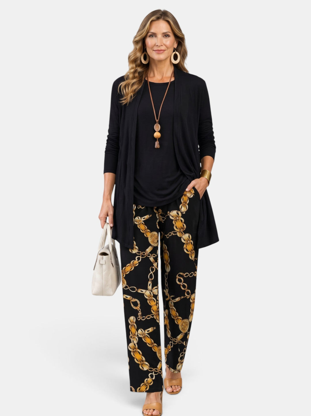 Conjunto completo de 3 piezas tropical para mujer: blusa sin mangas, pantalón ancho y abrigo. Estilo veraniego elegante.