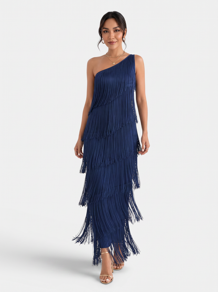 Vestido de noche negro para mujer con flecos brillantes y escote. Glamuroso y perfecto para fiestas y eventos.