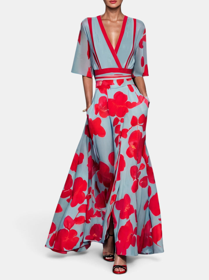 Detalle de estampado floral en vestido largo de fiesta para mujer. Elegante diseño de día, ideal para invitada de boda.