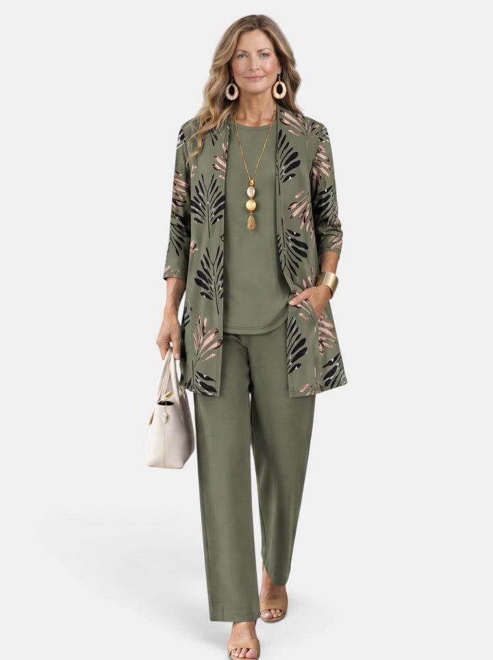 Conjunto de 3 piezas tropical elegante para mujer, incluye blusa, pantalón y abrigo, ideal para verano y eventos.