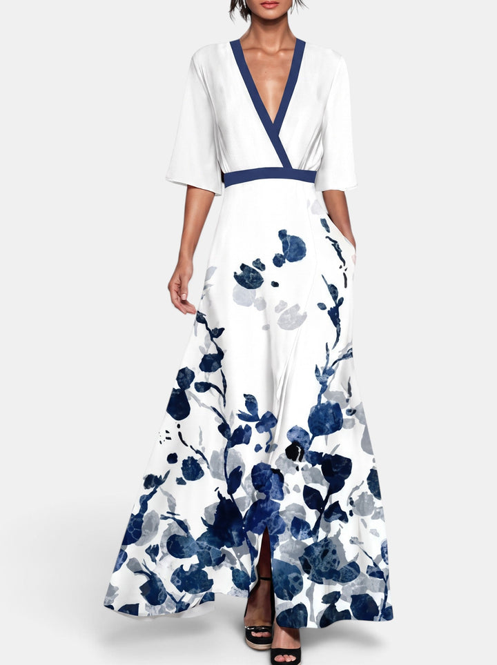 Vestido floral largo de mujer, estilo elegante para invitada de boda. Diseño de moda femenina para fiesta de verano.
