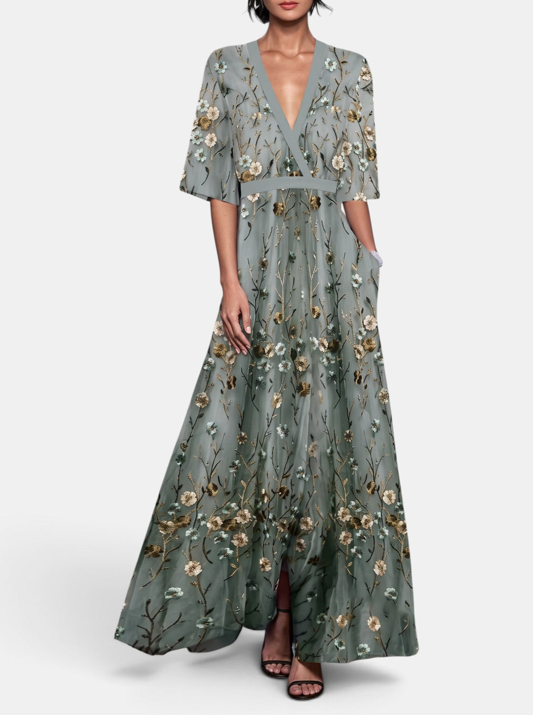 Vestido floral largo para mujer, estampado elegante para invitada de boda. Diseño de día, perfecto para celebraciones de verano.