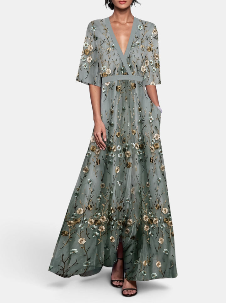Vestido floral largo para mujer, estampado elegante para invitada de boda. Diseño de día, perfecto para celebraciones de verano.