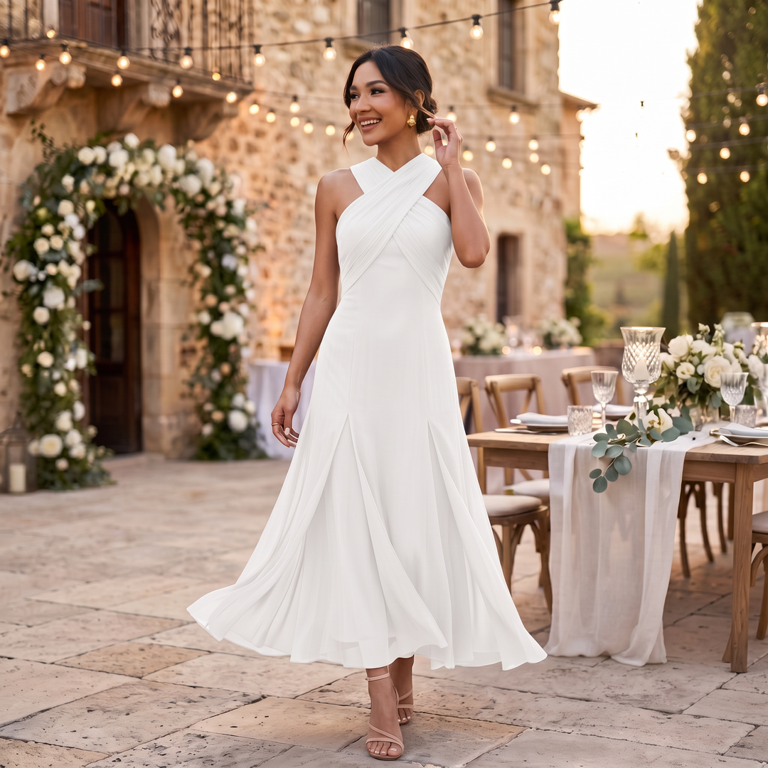 Vestido largo fluido para invitada de boda, elegante diseño de gasa para mujer en cualquier celebración.