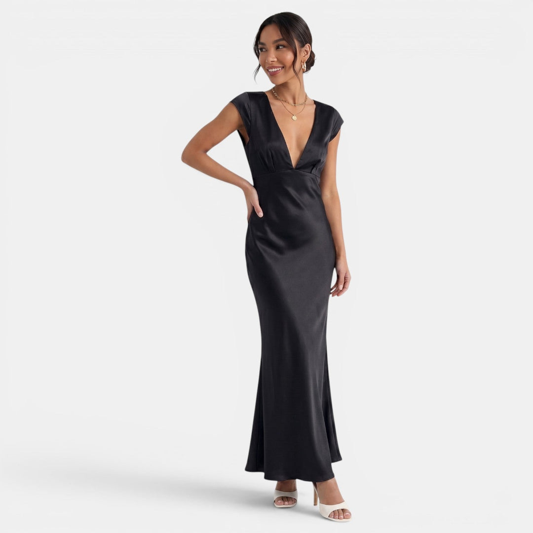 Vestido largo formal para mujer, marrón tostado, con escote V y cut-outs. Estilo sofisticado para fiesta.