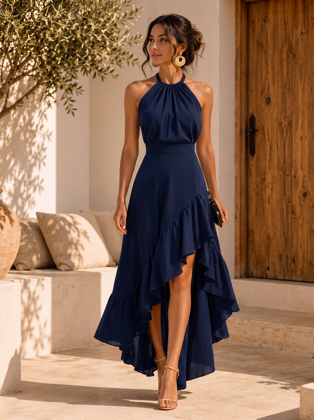 Vestido de celebración halter con volantes fluidos y corte asimétrico, ideal para invitada de boda y eventos.