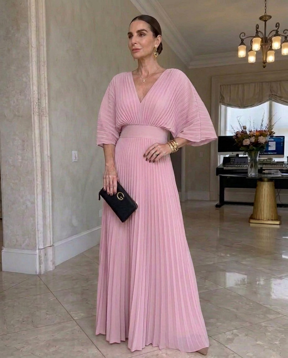 Vestido elegante de mujer, plisado, escote V, mangas fluidas. Ideal para ocasiones formales y fiestas.