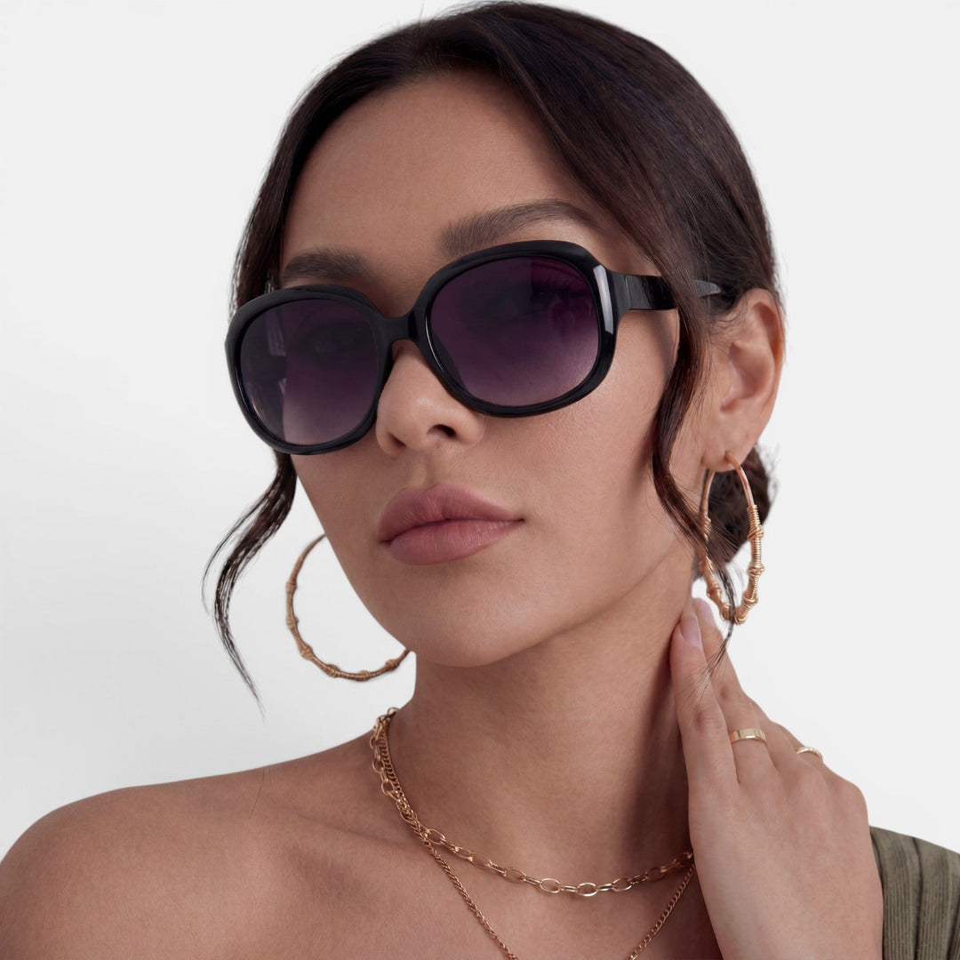 Gafas de sol violetas redondas oversize, estilo moderno y cómodo para mujer, toque chic.