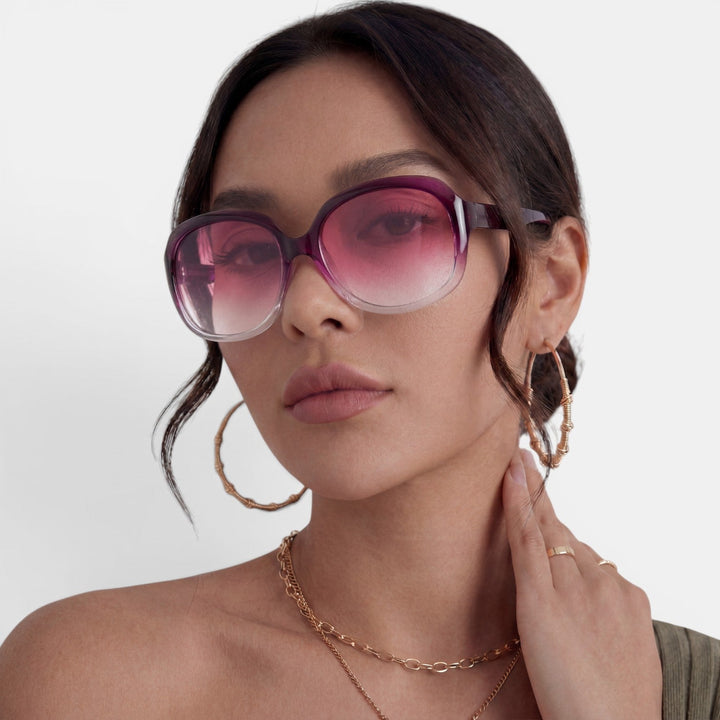 Gafas de sol oversize redondas para mujer, lentes cómodas, protección solar y moda chic.