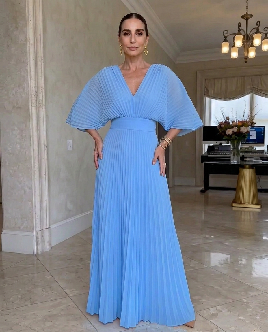 Vestido de fiesta largo y elegante para mujer, plisado, con escote V y mangas fluidas.