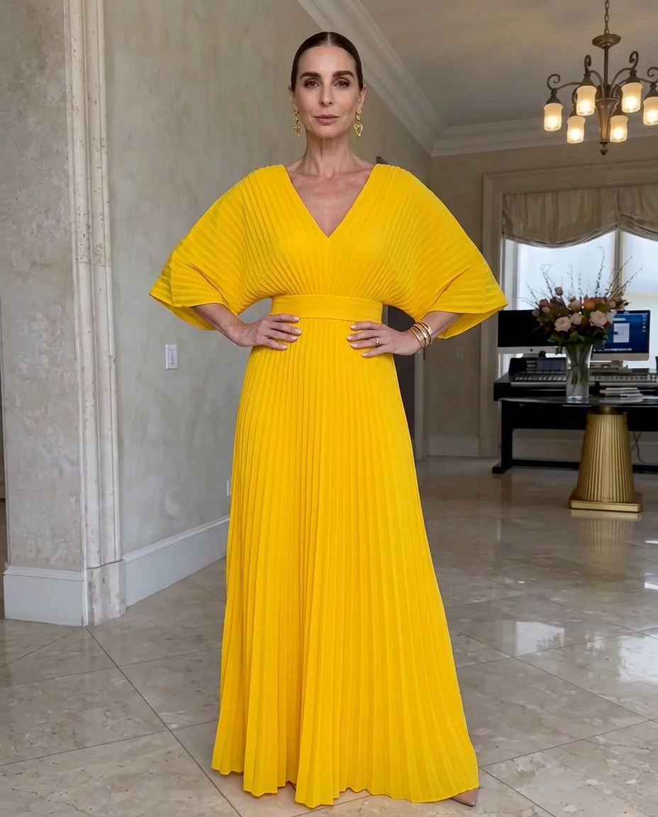 Vestido plisado elegante para mujer con escote V y mangas fluidas, ideal para fiesta o noche.