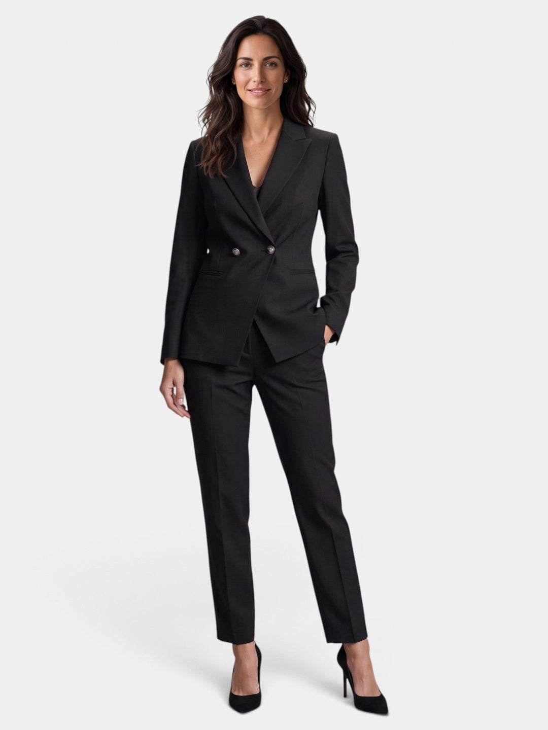 Traje de oficina elegante para mujer: blazer y pantalón recto. Moda ejecutiva formal.