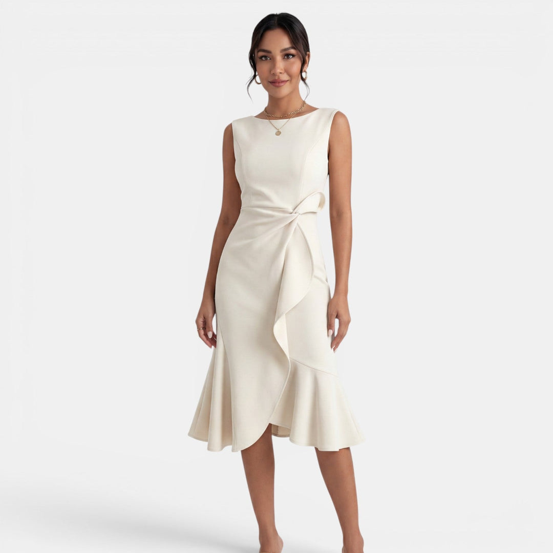 Vestido midi entallado elegante para mujer, color sólido, perfecto para fiestas o eventos de verano.