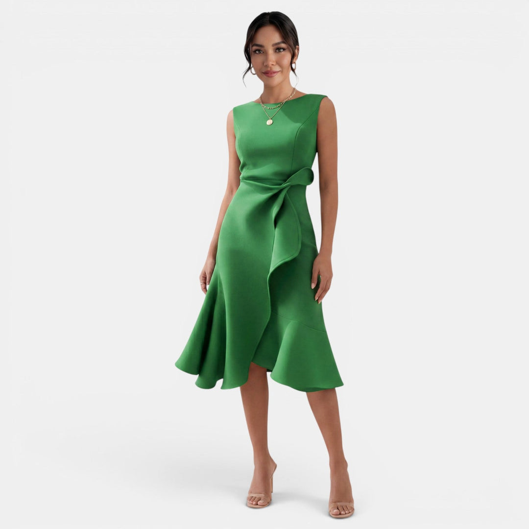 Vestido de moda femenina: midi, entallado, elegante, sin mangas. Ideal para eventos y uso diario.