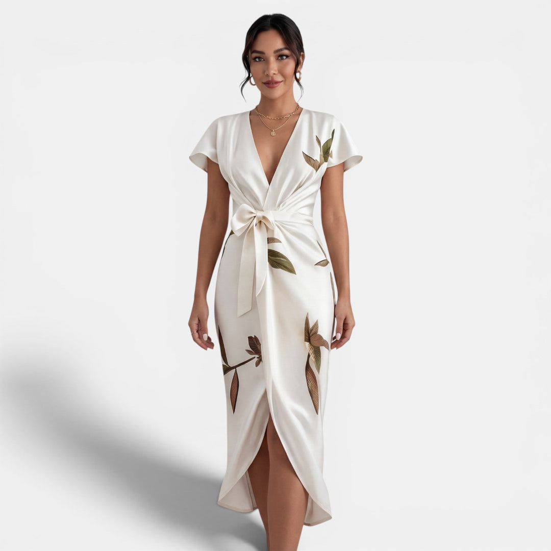 Vestido midi cruzado floral para mujer, ideal para verano. Elegante moda femenina y casual.